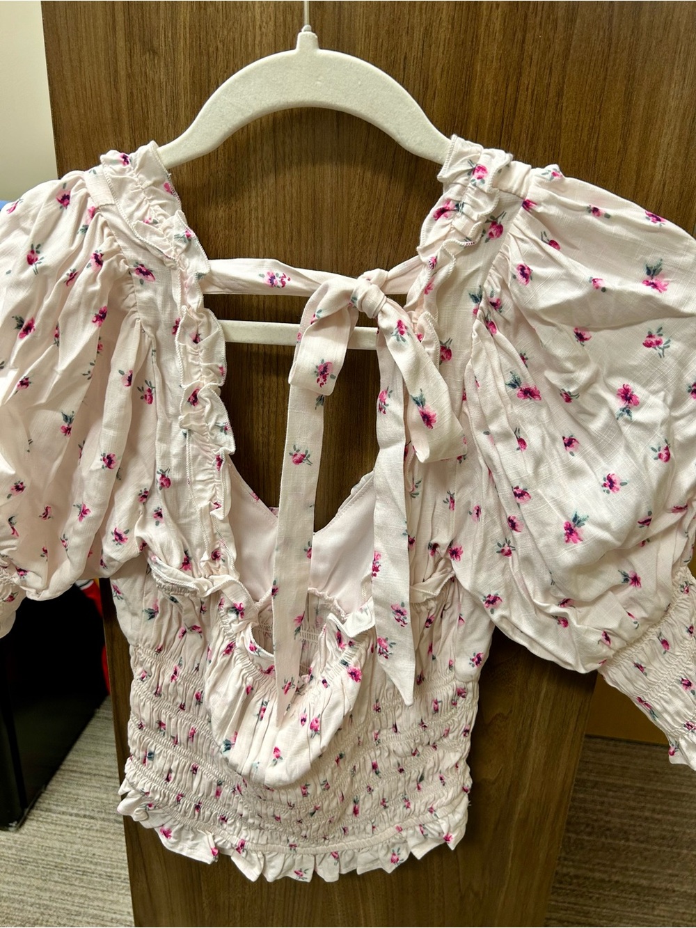 Altar'd State Pale Pink Peasant Blouse with Pink Floral Print - Picture 2 of 2